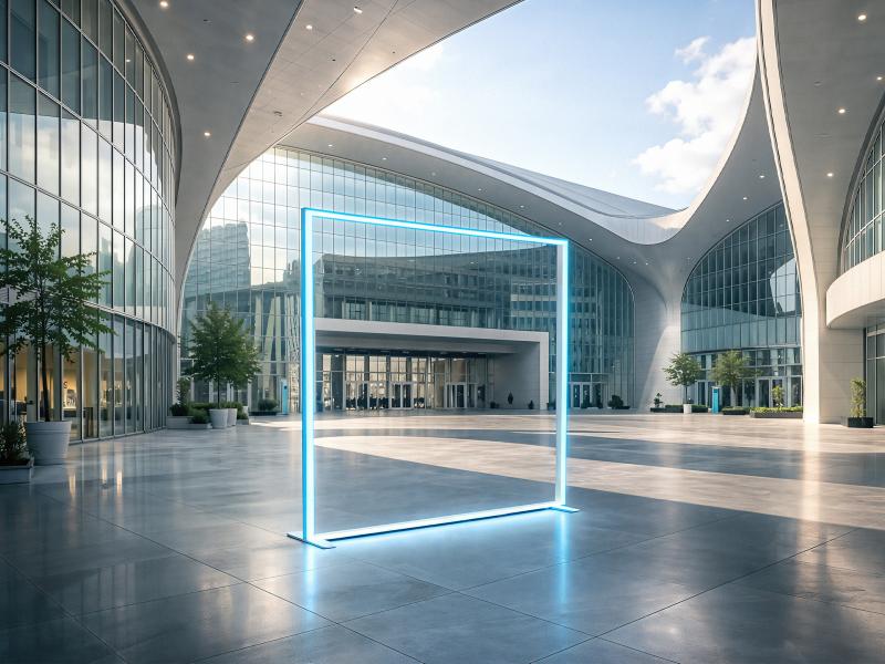 Modulares LINEUP™ Messesystem mit RGB-LED-Outline für aufmerksamkeitsstarke Markenpräsentationen auf Messen und Events.