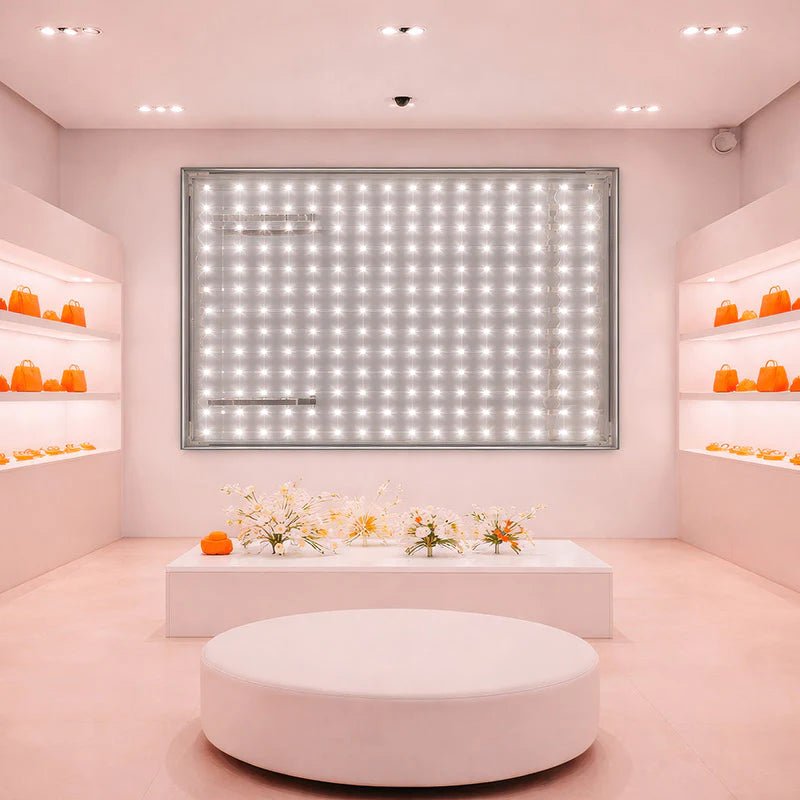 LED-Leuchtrahmen im Retail Store mit sichtbarer LED-Hinterleuchtung zur Präsentation von Beleuchtungssystemen