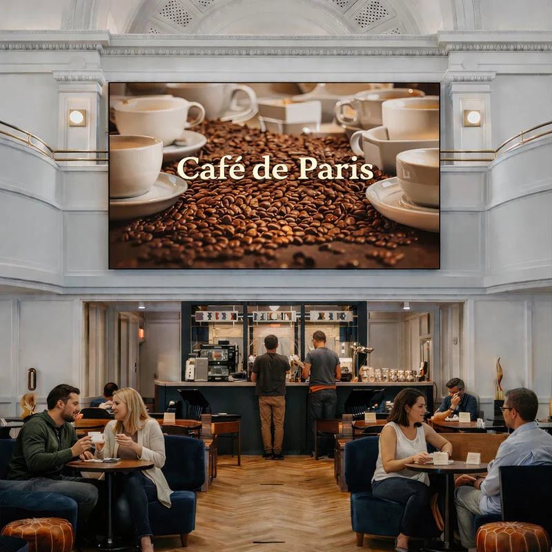 LED-Leuchtrahmen im Café zur großformatigen Präsentation von Werbemotiven im Innenbereich