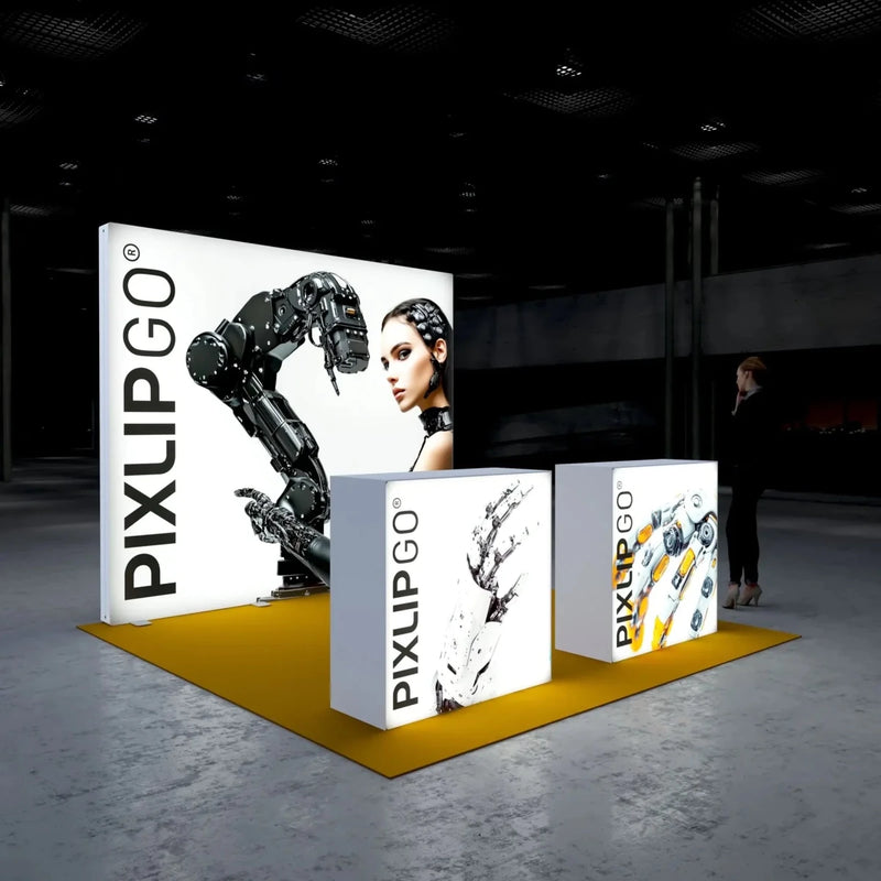 PIXLIP GO Kopfstand 3×3 m Set S-06 – LED Messestand mit 2 Countern - VIS24