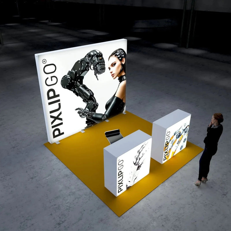 PIXLIP GO Kopfstand 3×3 m Set S-06 – LED Messestand mit 2 Countern - VIS24