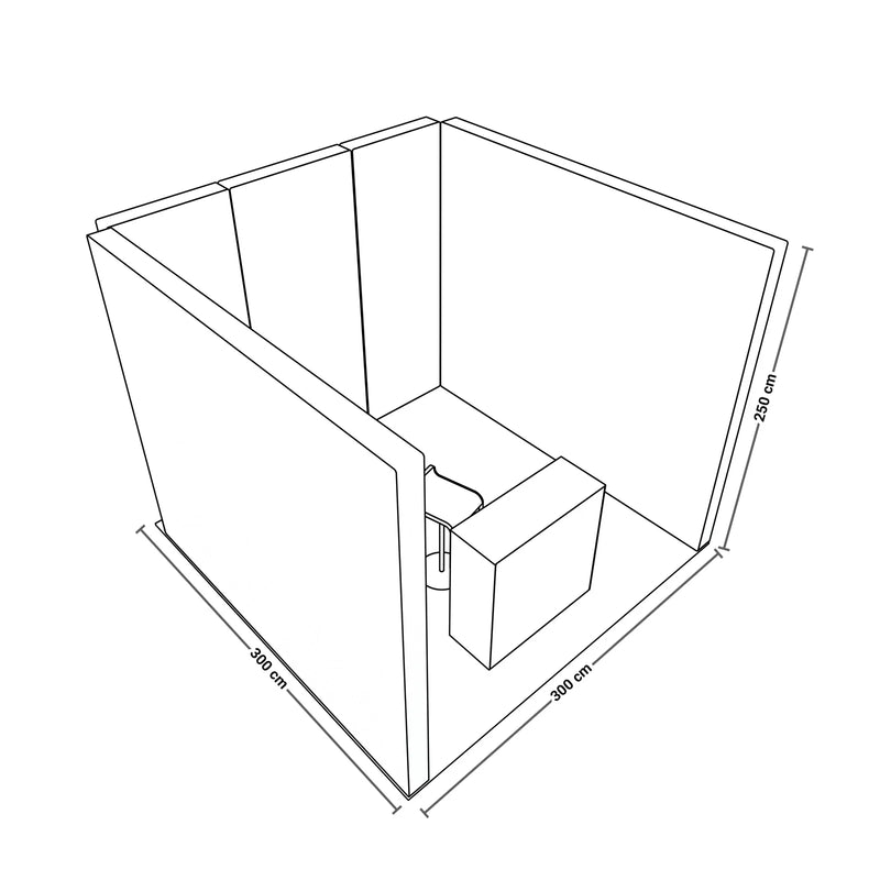 Abmessungen des PIXLIP GO LED Messestands S-10 – 3 × 3 m Reihenstand mit 250 cm Höhe