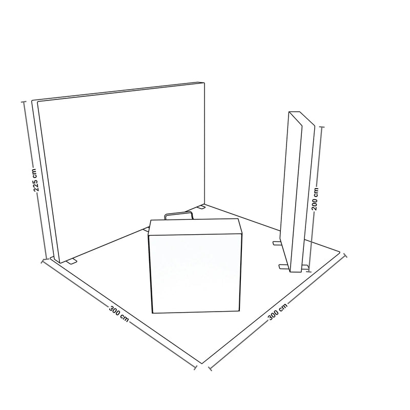Alt-Text Maßzeichnung:
Abmessungen des PIXLIP GO LED Messestands S-12 – 3 × 3 m Kopfstand mit 225 cm Höhe