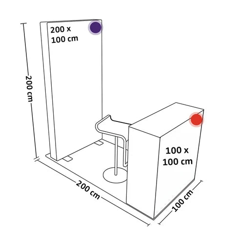Abmessungen des PIXLIP GO LED Messestands S-14 – 1 × 2 m Kopfstand mit 200 cm Höhe