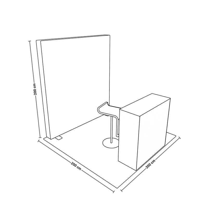 Abmessungen des PIXLIP GO LED Messestands S-15 – 2 × 2 m Kopfstand mit 200 cm Höhe