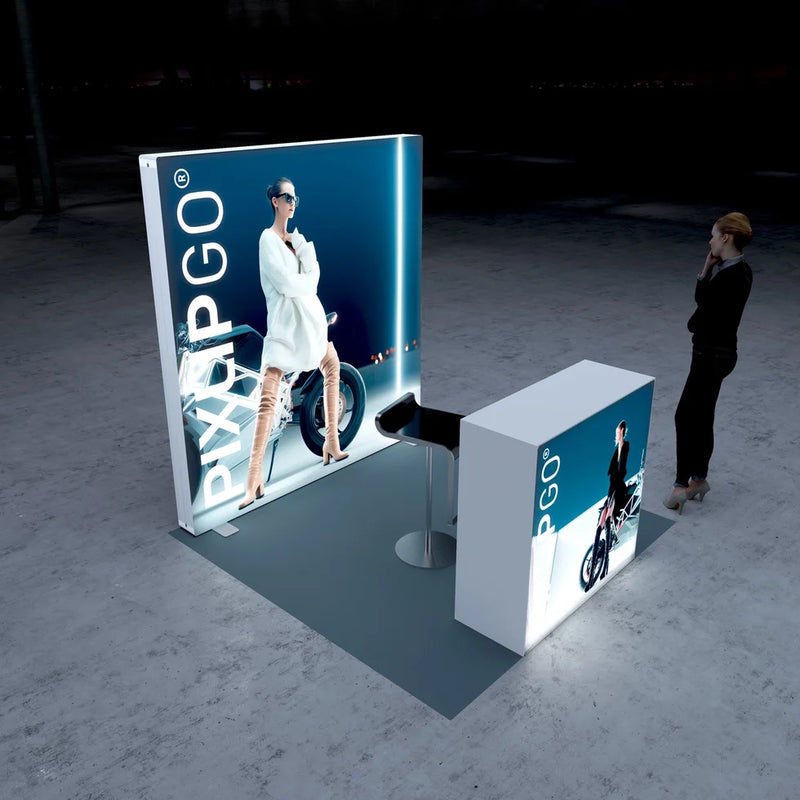 PIXLIP GO S-15 LED Messestand 2x2 m Kopfstand mit beleuchteter Messewand und Counter
