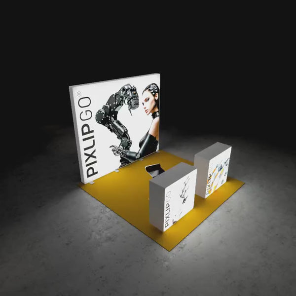 3x3 m PIXLIP GO Kopfstand mit beleuchteter Messewand und zwei bedruckten LED Countern
