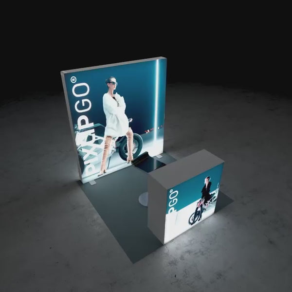 Video des PIXLIP GO S-15 LED Messestands 2x2 m mit Messewand, Counter und werkzeuglosem Aufbau