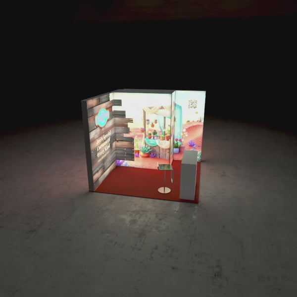 Video, Eck - Messestand 3×3 m inkl. LED - Counter und Kabine – Set S - 16 