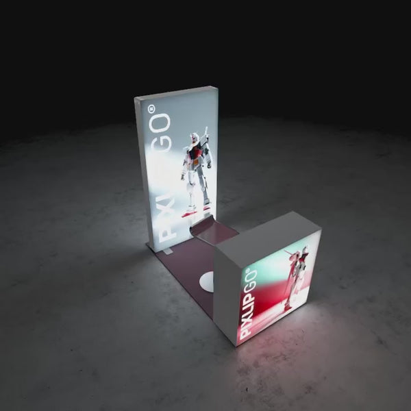 Video des PIXLIP GO S-14 LED Messestands 1x2 m mit werkzeuglosem Aufbau und Counter