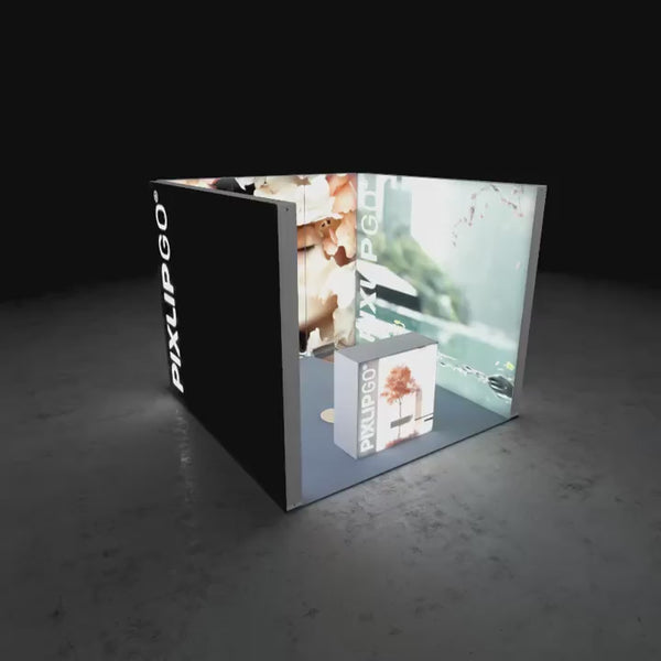 Video des PIXLIP GO S-10 LED Reihenstands 3x3 m mit modularen LED Messewänden und Counter