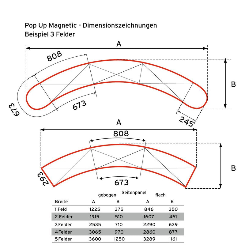 Expolinc Pop Up Magnetic - gebogen - Dimensionszeichnungen