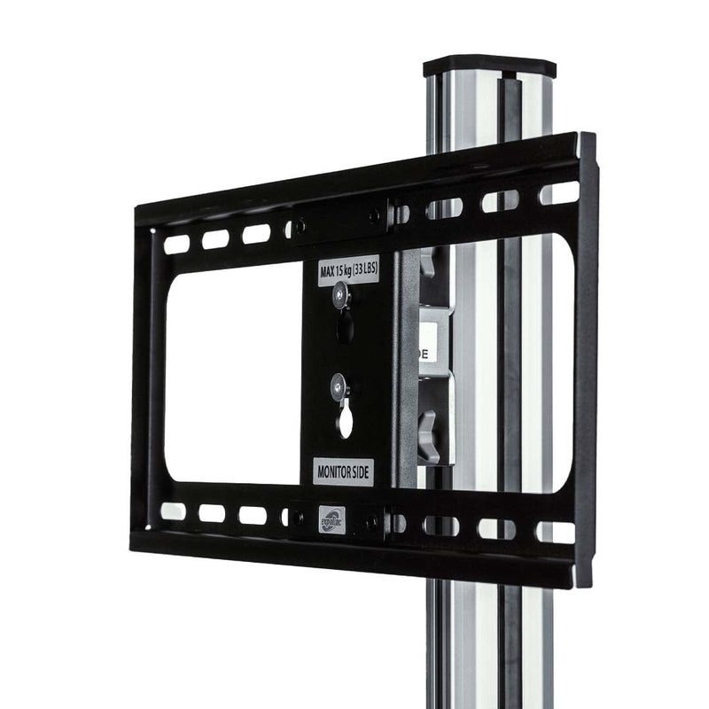 Detailansicht der Monitorhalterung des Expolinc Ständers, kompatibel mit Bildschirmen bis 14 kg.