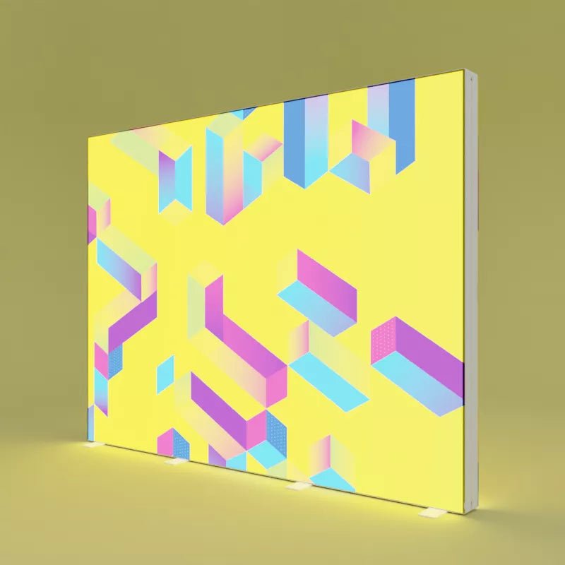 Pixlip Go Leuchtrahmen im Format 3 × 2 m mit vollflächigem, eingespanntem Textildruck – freistehend und gleichmäßig hinterleuchtet.