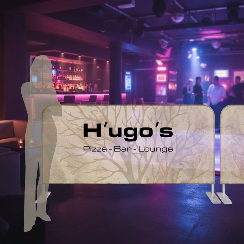 Zipper Absperrständer mit individuellem Druck für Pizza-Bar-Lounge – stilvolle Indoor-Absperrung mit Markenbranding in moderner Clubumgebung