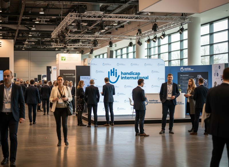 ZipperWall Textilrückwand mit Branding von Handicap International – Einsatz auf Event zur Informations- und Spendenkampagne
