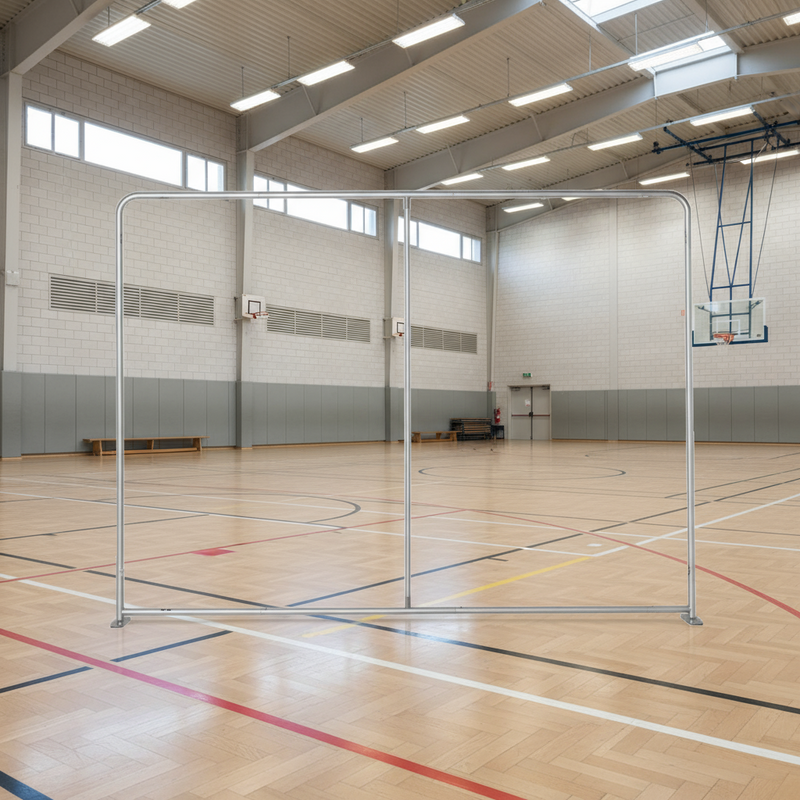 Aufgebauter Aluminiumrahmen der ZipperWall Textilrückwand – stabile Standkonstruktion in Sporthalle vor dem Anbringen der Stoffbahn